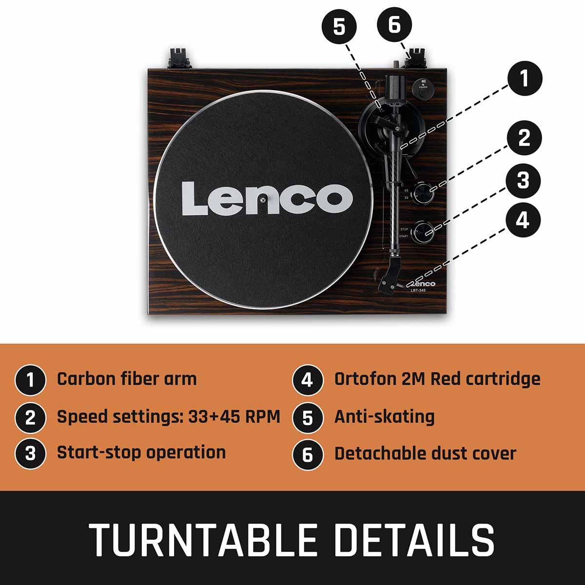 Lenco OPEN BOX LBT-345 Bluetooth Turntable w/Ortofon 2M Red - Walnut - A Grade